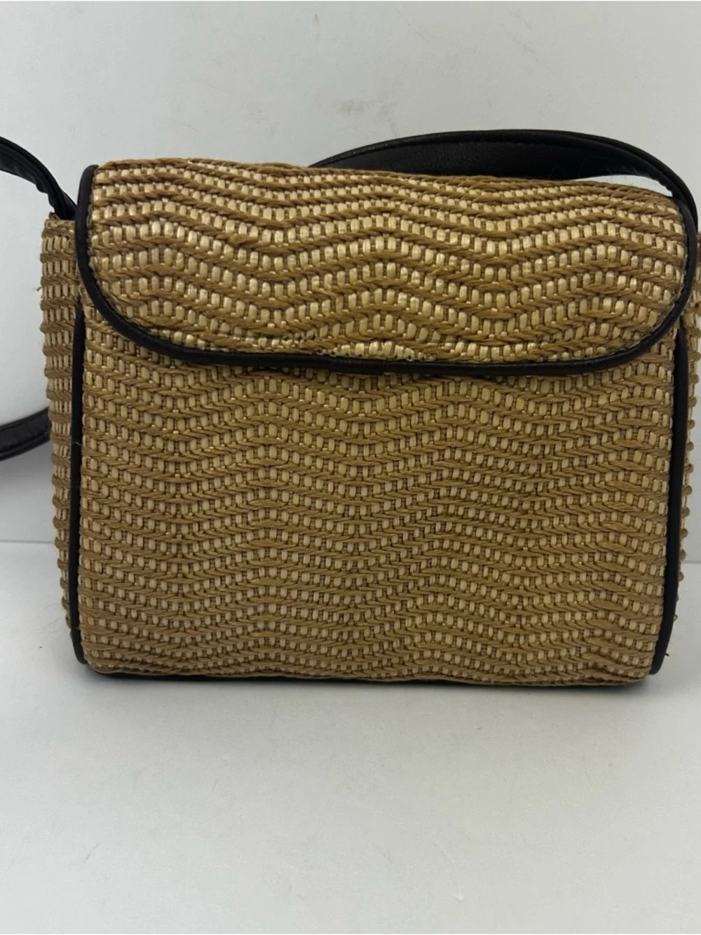 Etienne Aigner Woven Straw Crossbody Bag with Black Trim horseshoe logo